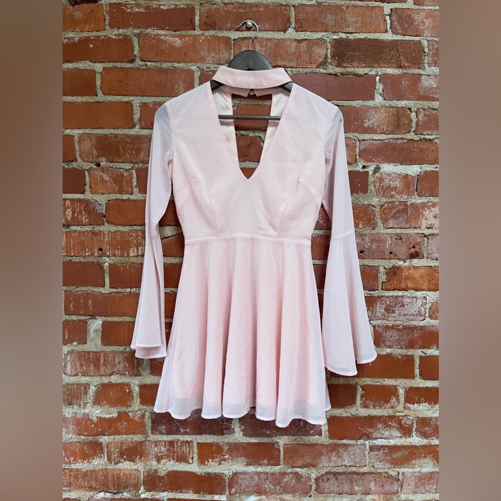 Light Pink Mini Dress with Bell Sleeves, Small